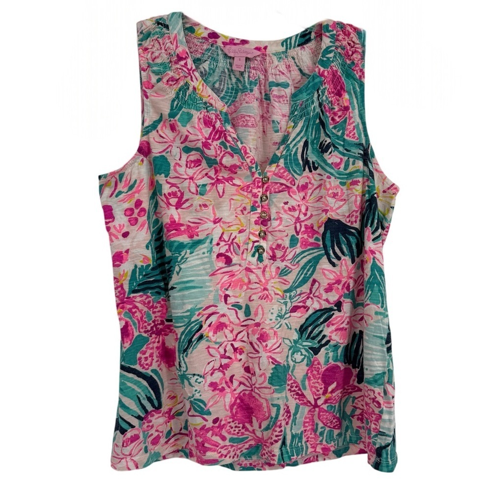 Lilly Pulitzer Etta V-Neck Top Floral Tropical Green Pink Size small Cotton